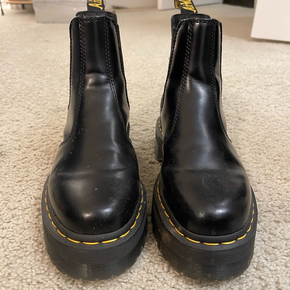 Dr. Martens Black Leather Chelsea Platform Ankle Boots with Yellow Stitching